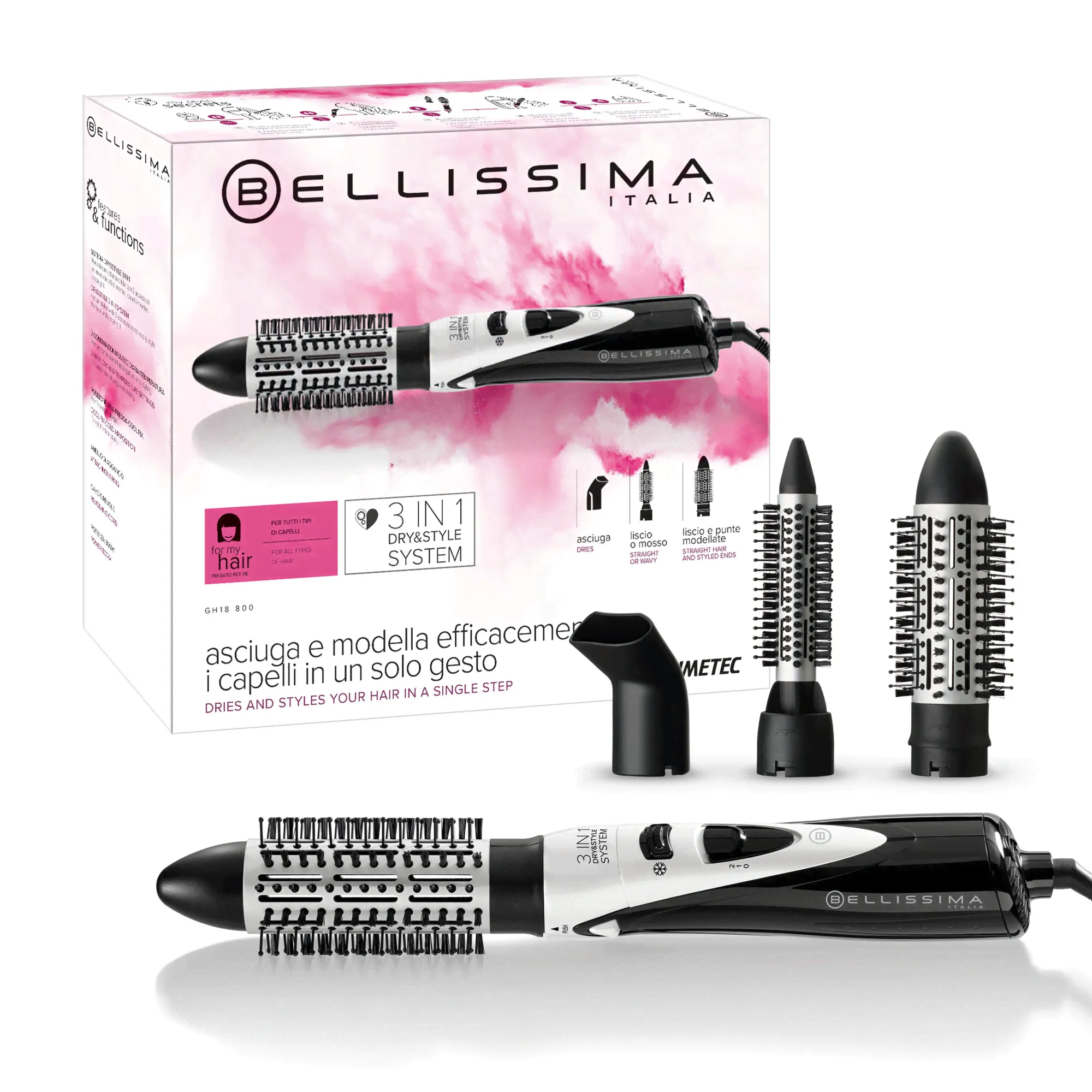Фен-щетка для волос Bellissima GH18 800вт 2 щетки 20/40мм, концентратор, холодный воздух, петля для подвешивания